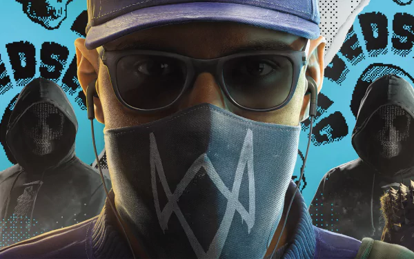 HD wallpaper featuring Marcus Holloway from the video game Watch Dogs 2, showcasing his intense gaze and iconic style against a vibrant, tech-inspired background.