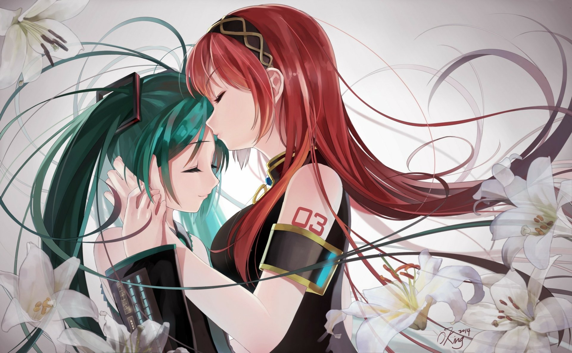 A vibrant HD wallpaper featuring Luka Megurine and Hatsune Miku from the Vocaloid series, surrounded by delicate flowers and flowing hair, capturing an intimate moment.