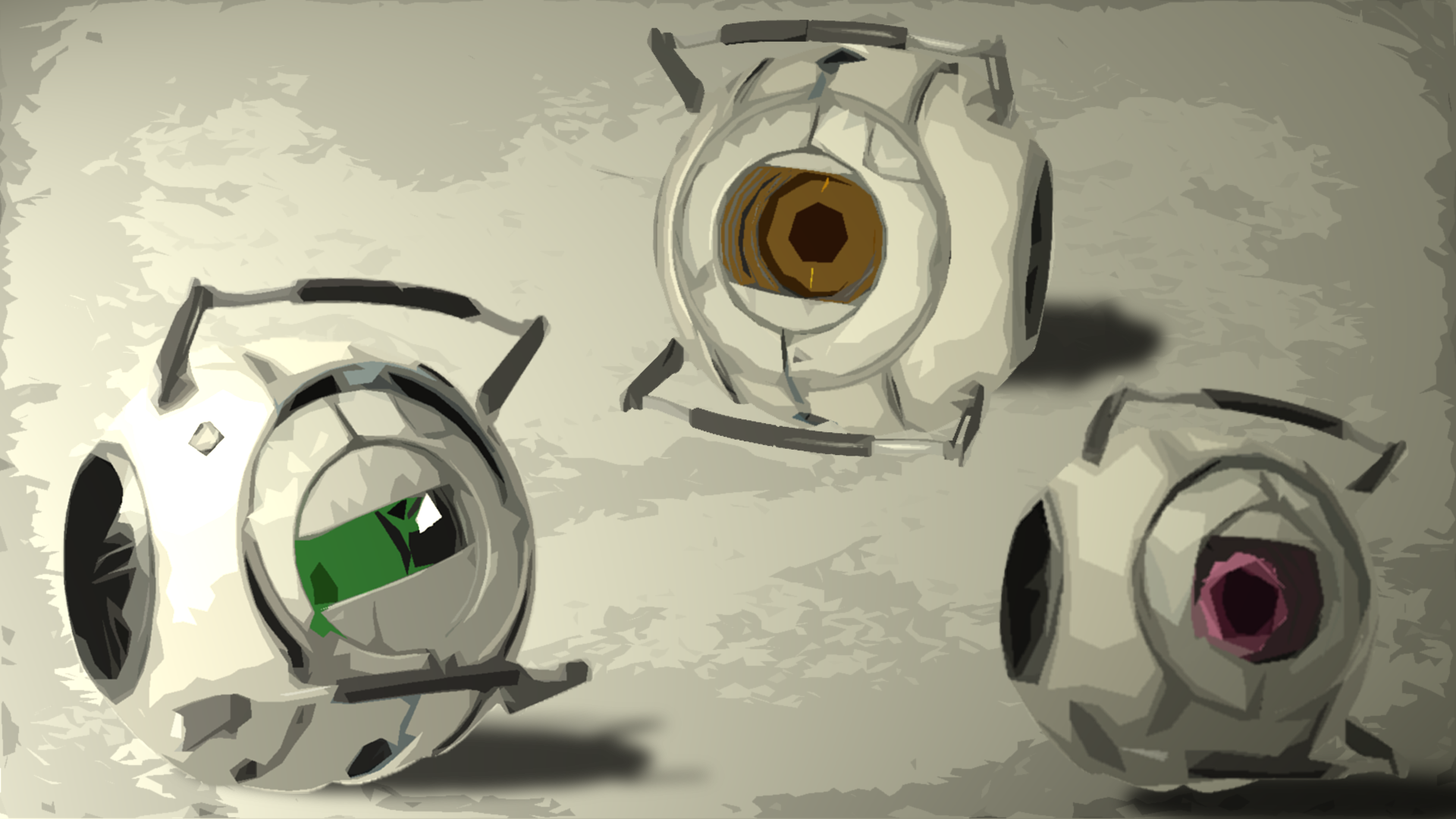 HD PC desktop wallpaper featuring stylized spheres from the Portal video game, each with distinct eyes and a mechanical design on a textured background.