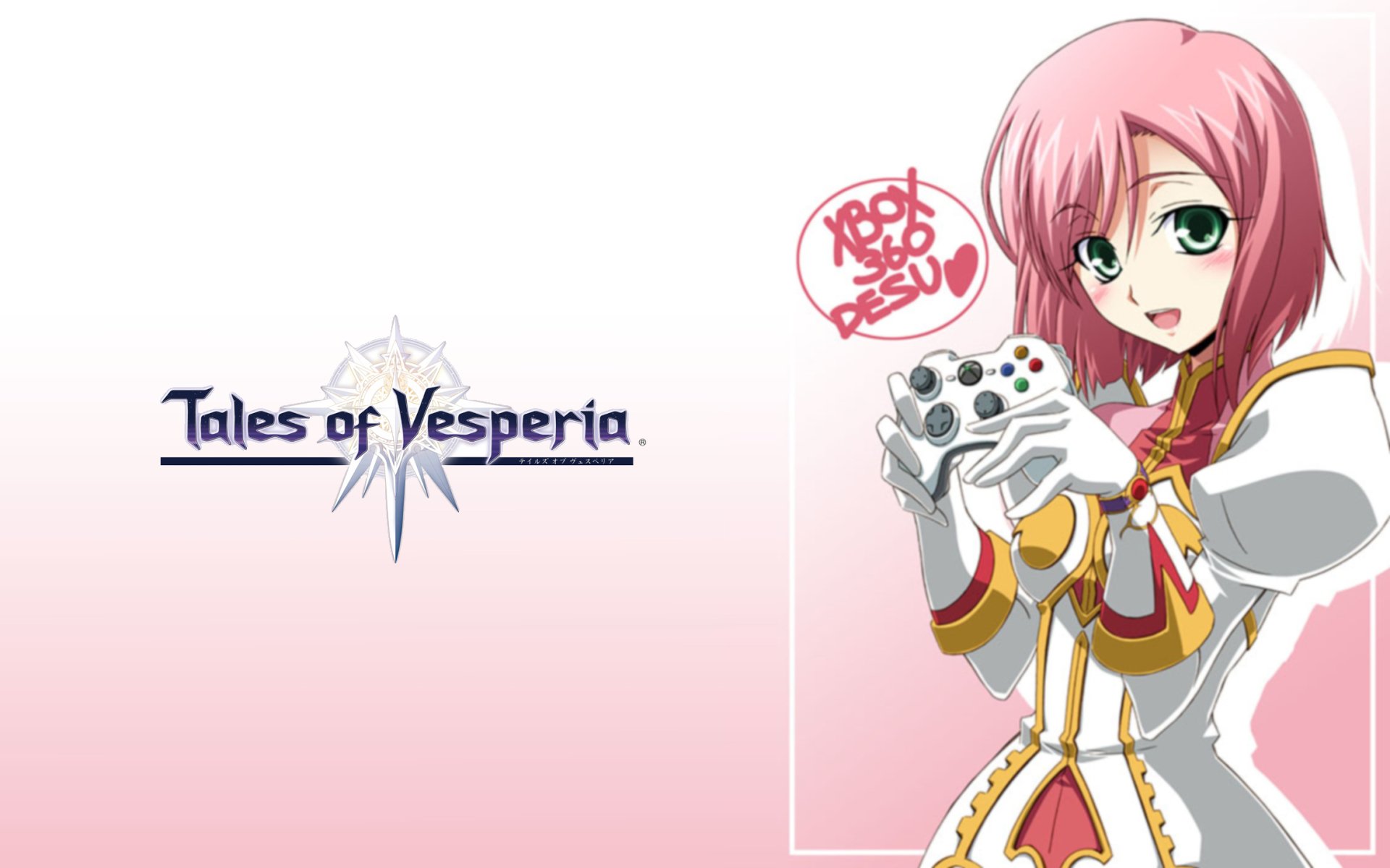 HD PC desktop wallpaper featuring a character from the video game Tales of Vesperia holding a game controller with the game logo on a soft pink background.