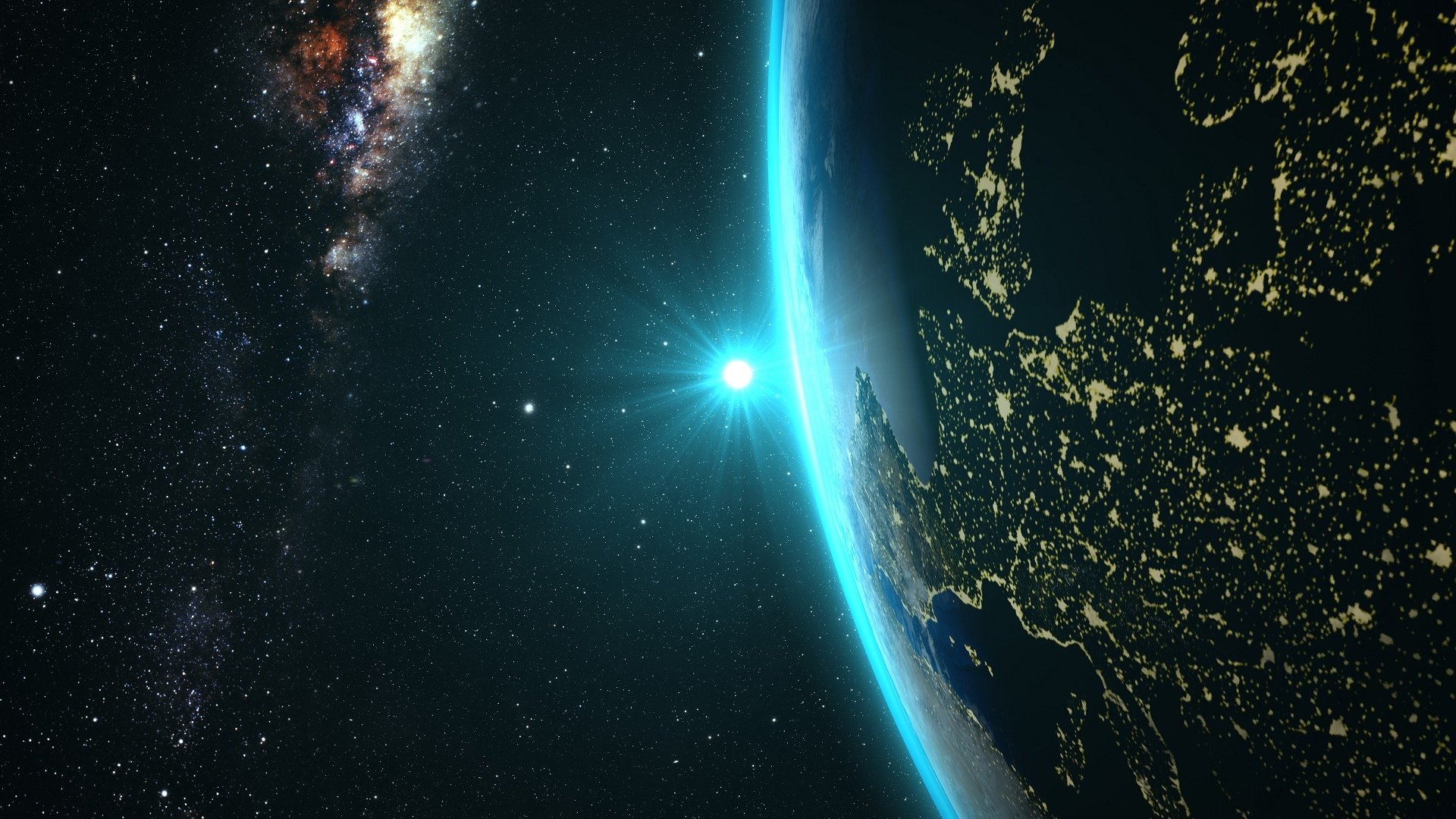 HD PC desktop wallpaper showing Earth from space at sunrise, city lights on the night side, Milky Way and stars framing a nature view from orbit.