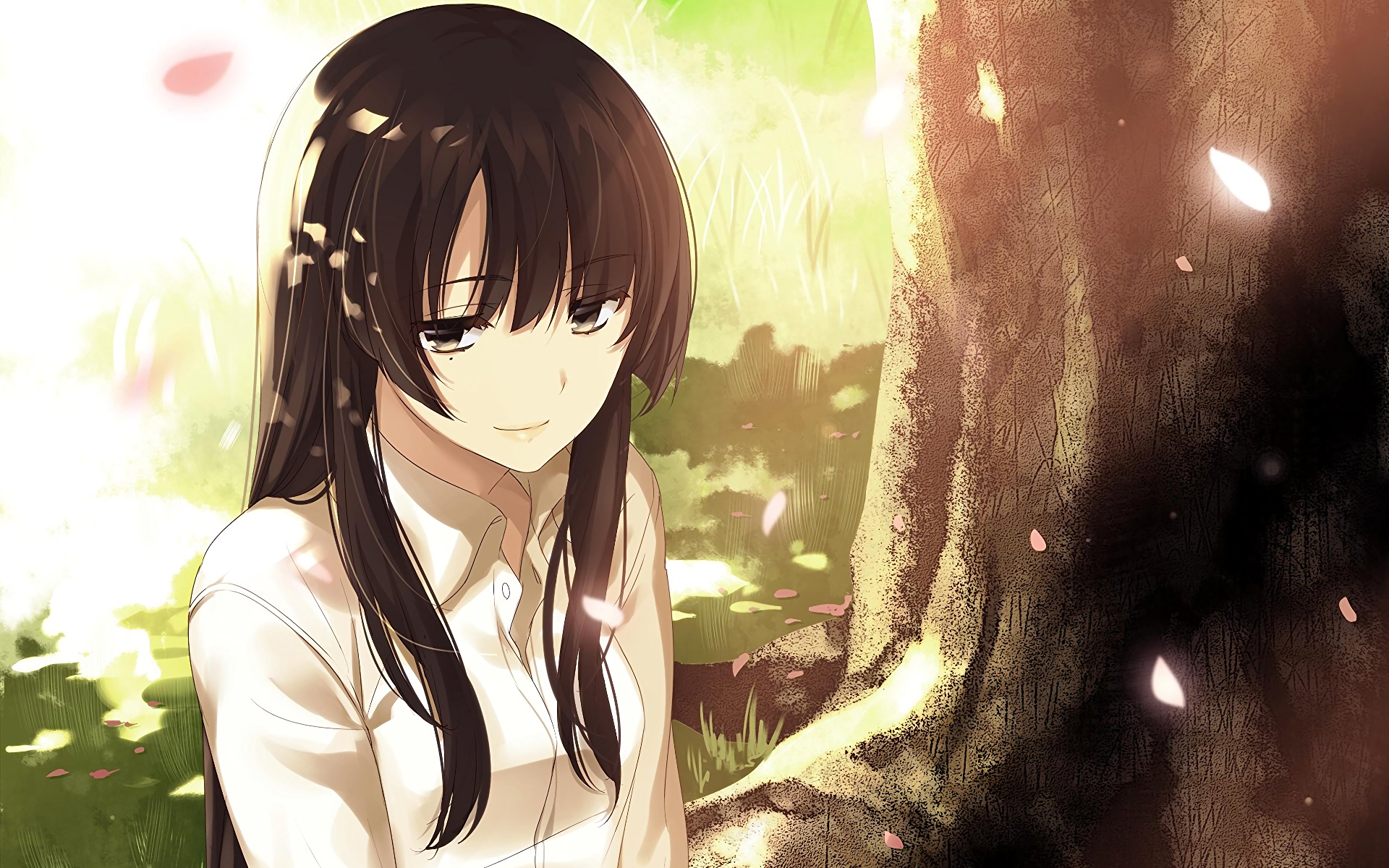Sakurako Kujou from Beautiful Bones: Sakurako's Investigation sits peacefully by a tree in a serene anime HD desktop wallpaper.