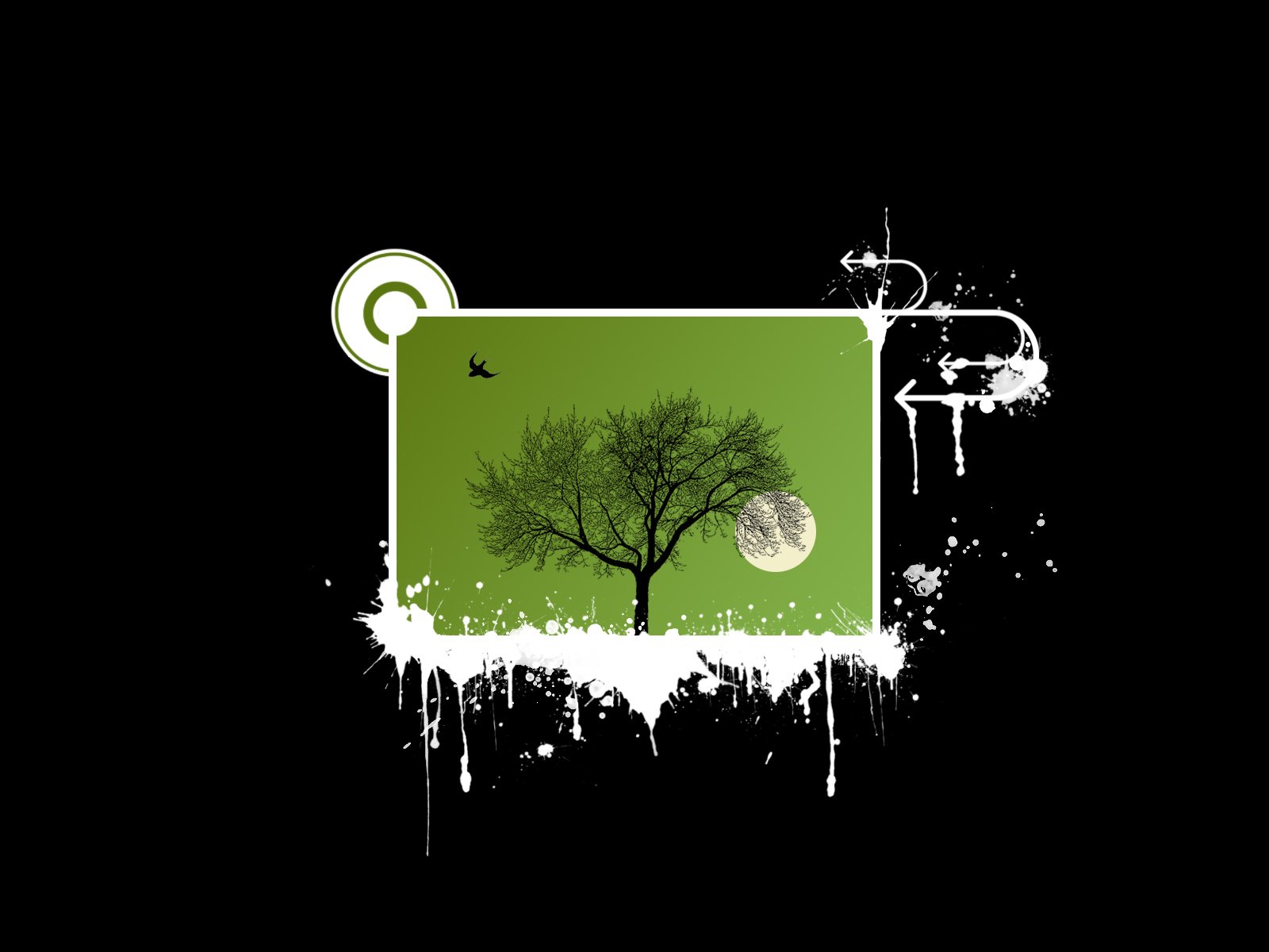 An artistic nature-themed HD desktop wallpaper featuring a solitary tree against a vibrant green background, accented by a large moon and graphic elements, creating a striking visual contrast.