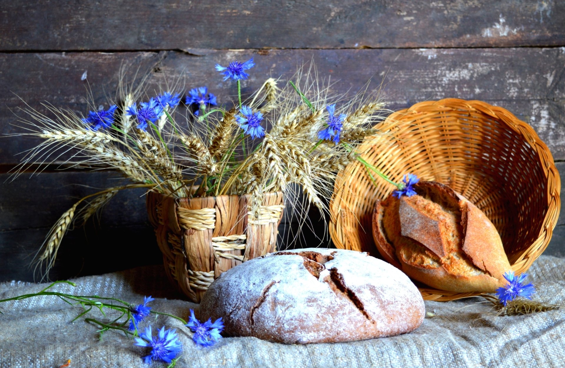 Download Blue Flower Flower Basket Still Life Food Bread  HD Wallpaper