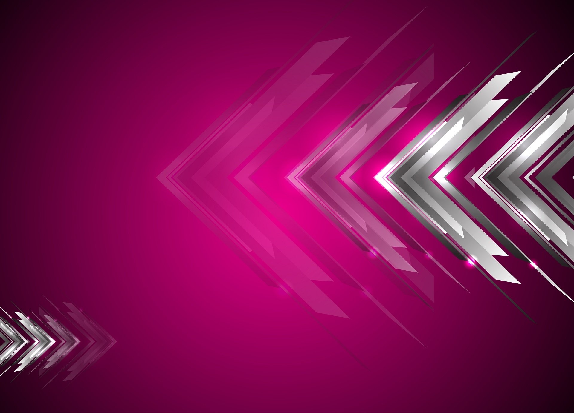 HD desktop wallpaper featuring an abstract design of layered pink and silver arrows pointing right on a vibrant pink background.
