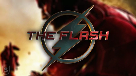 The Flash (2018) movie HD PC desktop wallpaper: metallic lightning emblem and title centered over a blurred red-suited Flash against a smoky, cinematic backdrop.