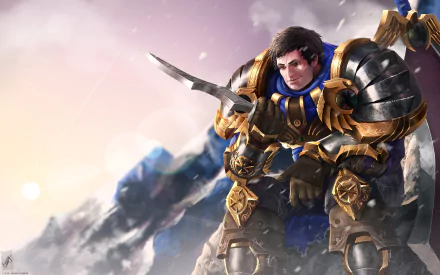 Garen from League of Legends in detailed armor, holding a dagger, set against a mountainous backdrop in this 4K Ultra HD PC wallpaper.