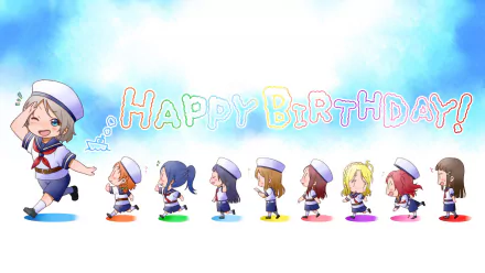 Chibi versions of Love Live! Sunshine!! characters You Watanabe, Yoshiko Tsushima, Chika Takami, and others, with colorful Happy Birthday text on a blue sky background.