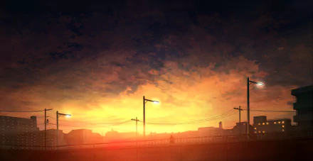HD anime wallpaper depicting an original sunset scene over a cityscape, illuminated by streetlights with a mix of warm colors painting the sky.