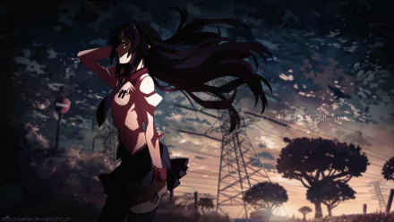 HD wallpaper featuring Hitagi Senjōgahara from the Monogatari series, set against a dramatic sunset backdrop with silhouetted trees and a power line.