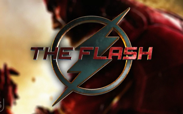 The Flash (2018) movie HD PC desktop wallpaper: metallic lightning emblem and title centered over a blurred red-suited Flash against a smoky, cinematic backdrop.