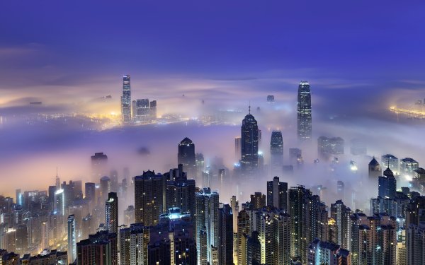 Man Made Hong Kong Cities China City Fog Night Light Cityscape Building Skyscraper HD Wallpaper | Background Image