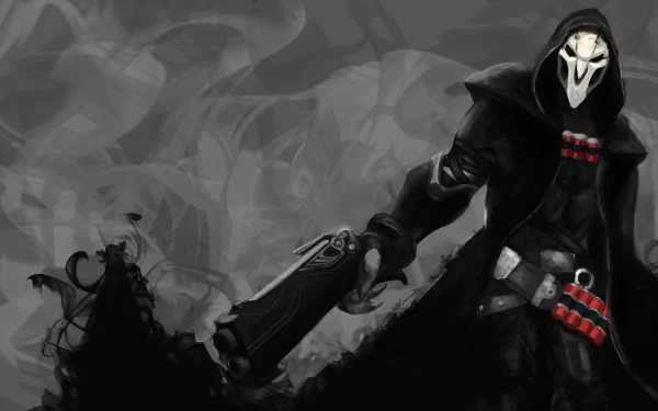 Reaper from Overwatch stands in dark, smoky surroundings wielding dual shotguns in this 4K Ultra HD video game desktop wallpaper.