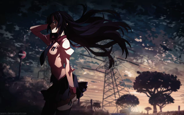HD wallpaper featuring Hitagi Senjōgahara from the Monogatari series, set against a dramatic sunset backdrop with silhouetted trees and a power line.