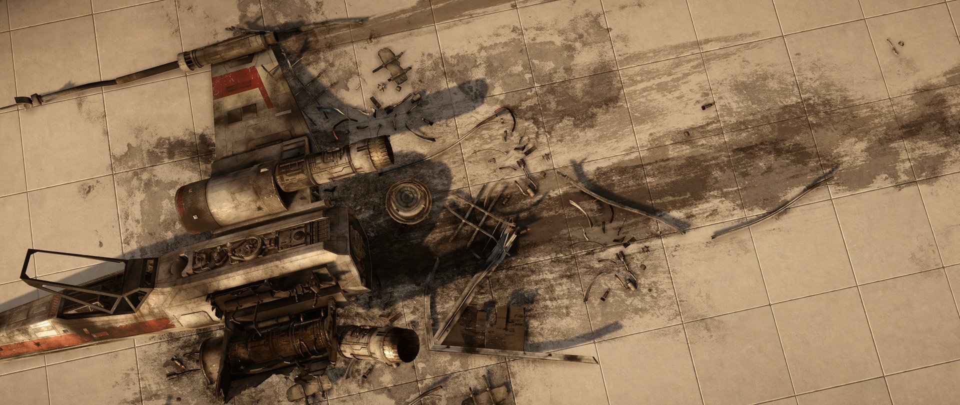 Gritty top-down view of a damaged X-Wing amid debris on a sandy surface, artwork from the video game Star Wars Battlefront (2015). 2K Quad HD PC desktop wallpaper/background.