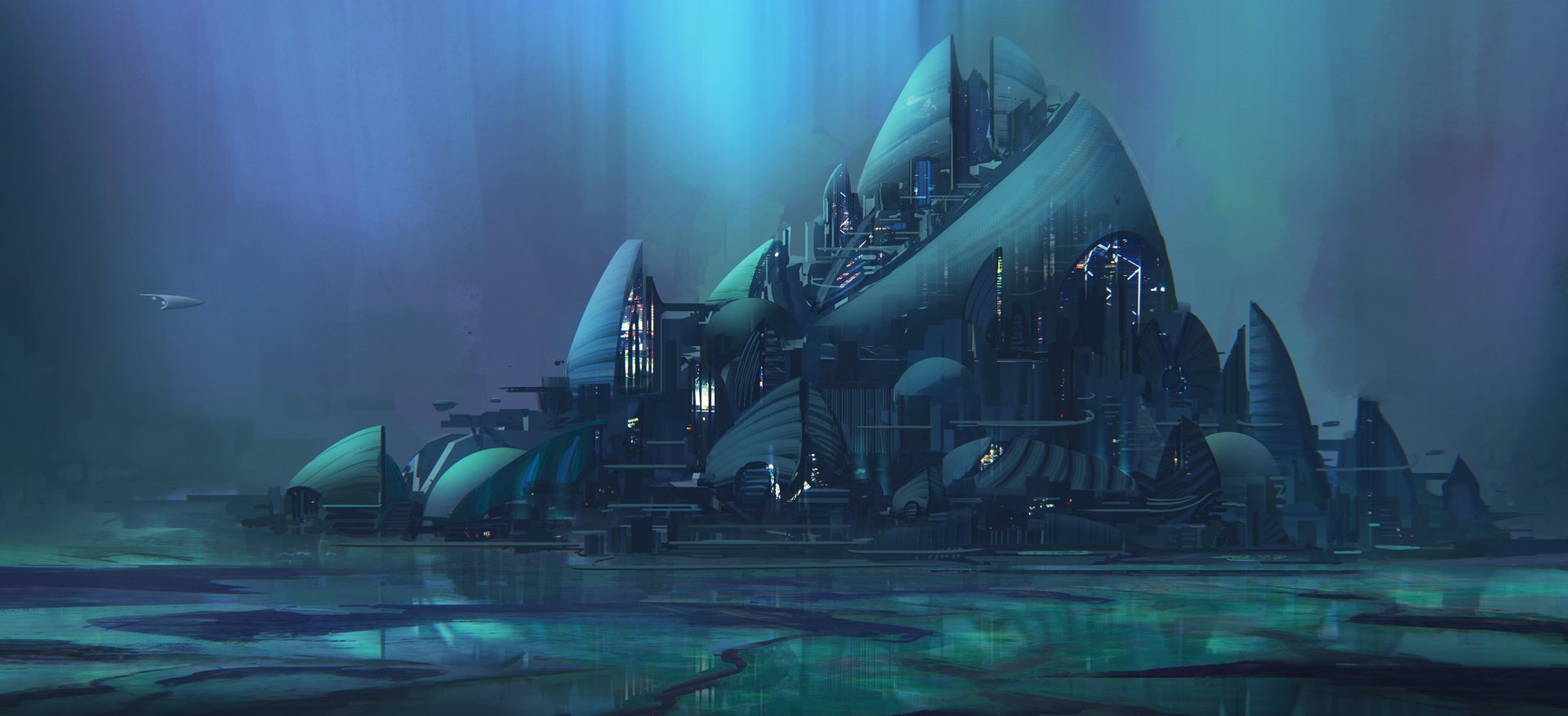 A futuristic sci-fi cityscape with sleek, curved structures glowing softly, set against a misty blue background, designed as a high-definition PC desktop wallpaper.