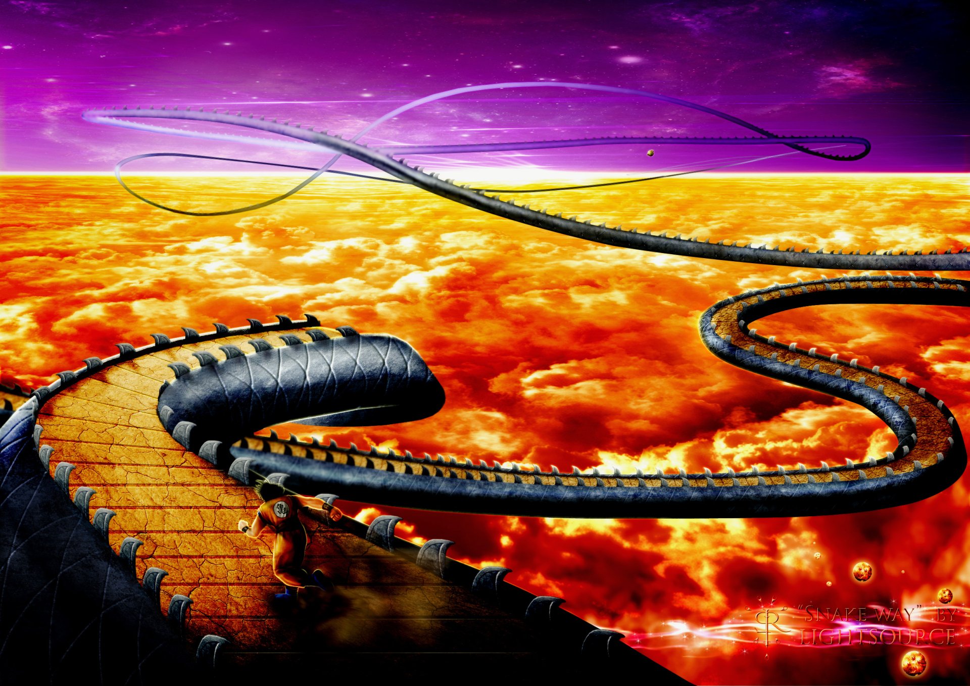 HD PC desktop wallpaper featuring a vibrant Dragon Ball Z scene with Goku, showcasing a winding path above fiery clouds under a purple sky.