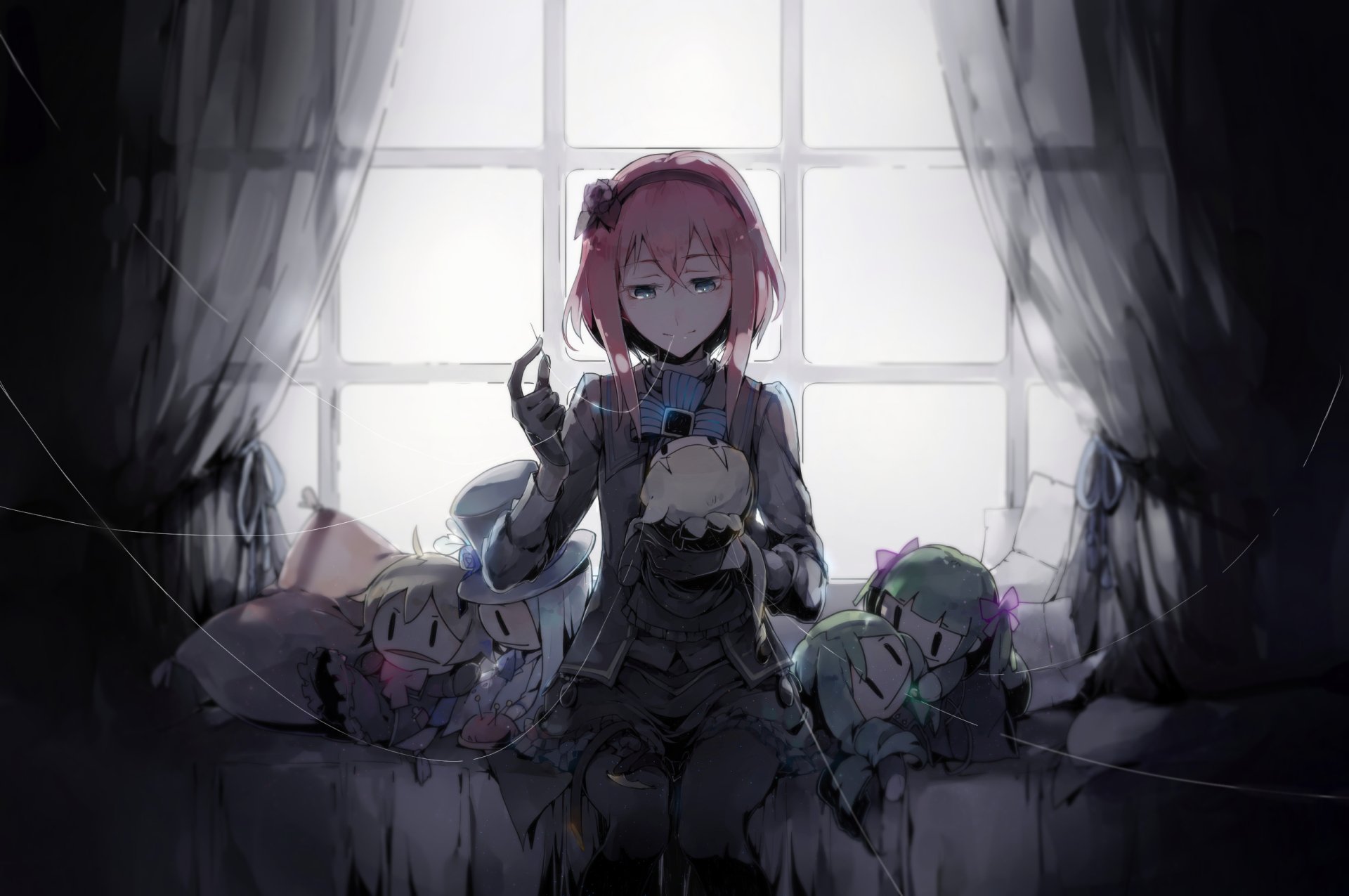 A gothic dark anime scene featuring a Vocaloid character with pink hair sitting in front of a large window, framed by tattered curtains in an HD desktop wallpaper style.