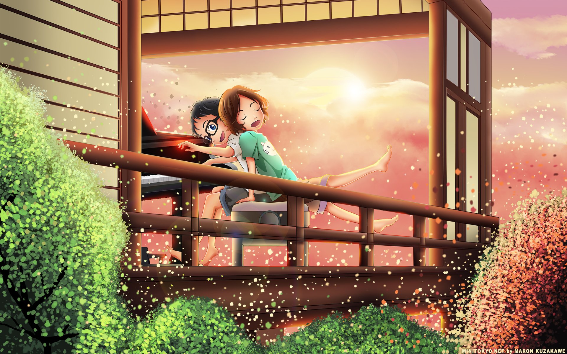 Tsubaki Sawabe and Kousei Arima share a heartfelt moment on a balcony amidst a beautiful sunset, capturing the essence of *Your Lie in April* in this vibrant HD wallpaper.
