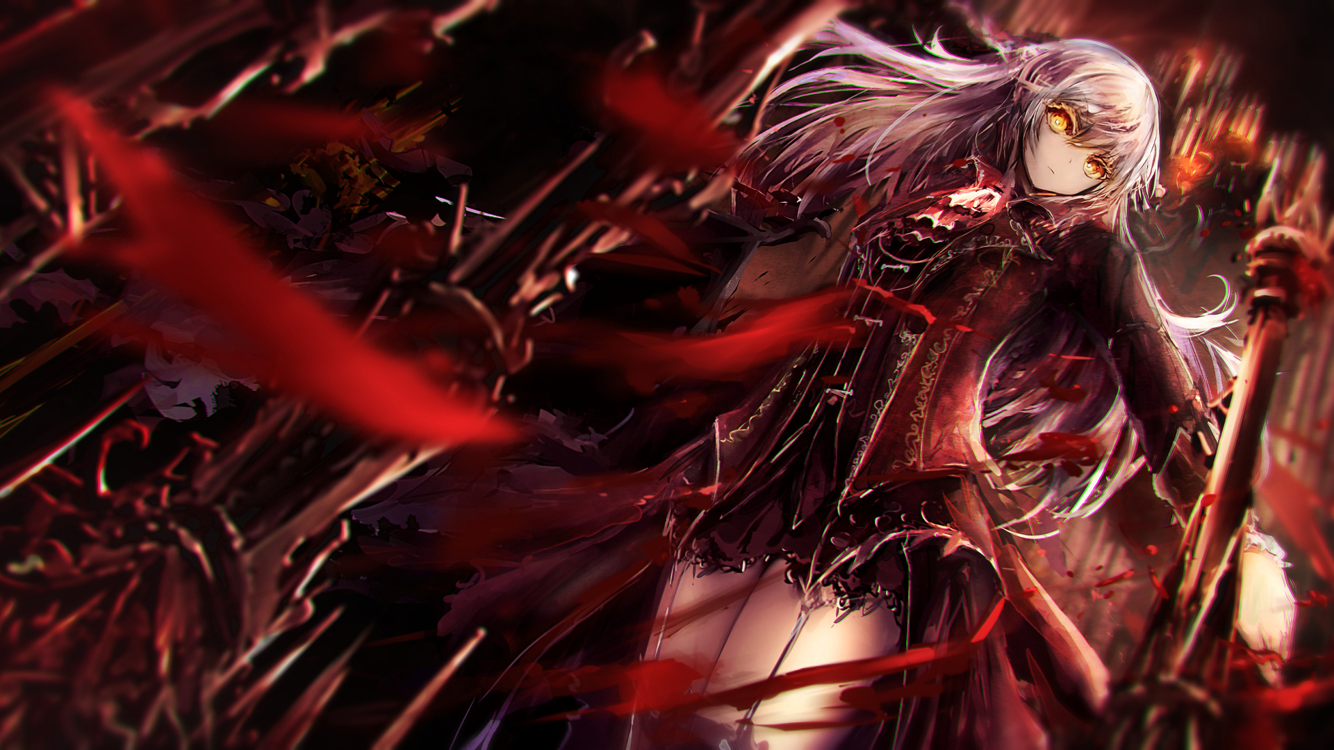 An original anime HD desktop wallpaper featuring a dramatic character with long, silver hair and striking yellow eyes, surrounded by swirling red elements in a dark atmosphere.