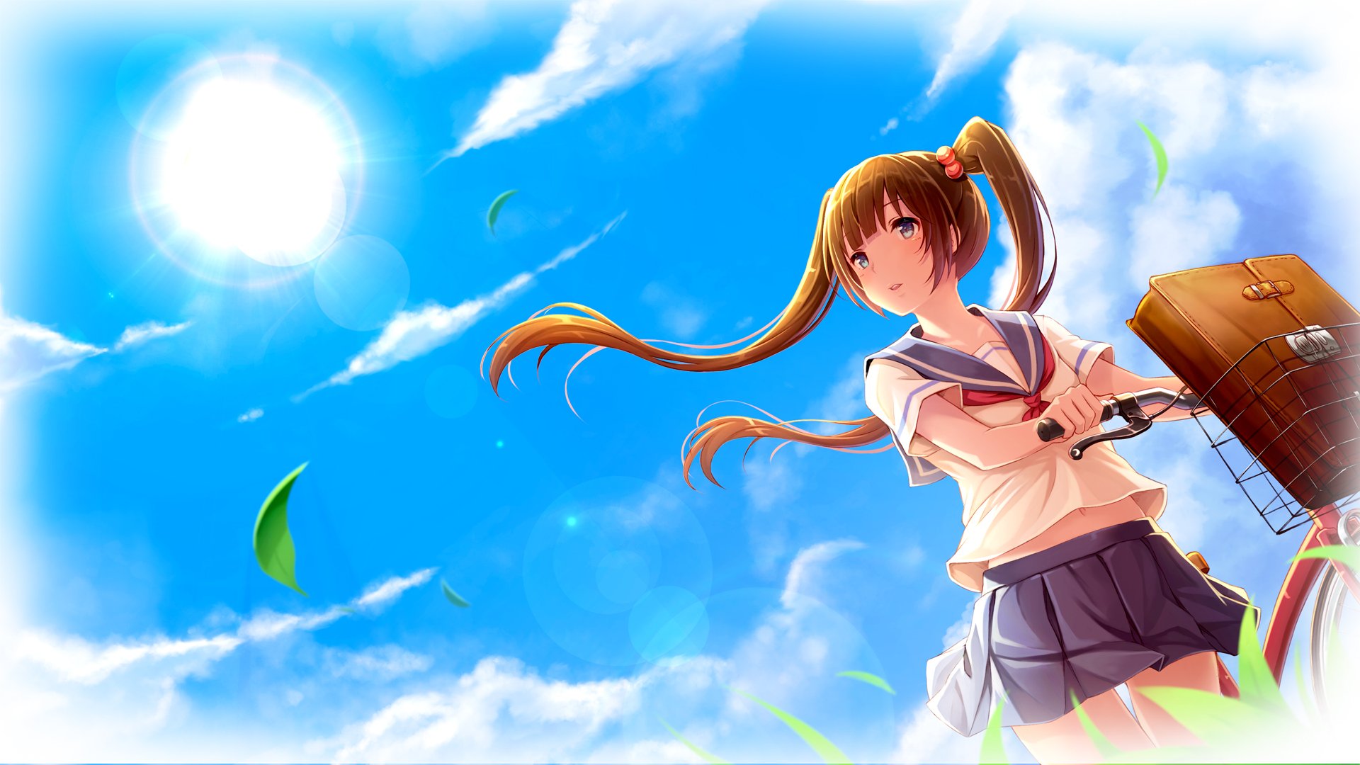 A vibrant anime illustration features a girl with flowing hair in a school uniform, standing against a bright blue sky and sun, with green leaves swirling around her. HD PC desktop wallpaper.
