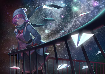 HD desktop wallpaper featuring Hitagi Senjōgahara from Bakemonogatari (Monogatari Series), resting on a bridge with paper planes flying and a starry night sky backdrop.