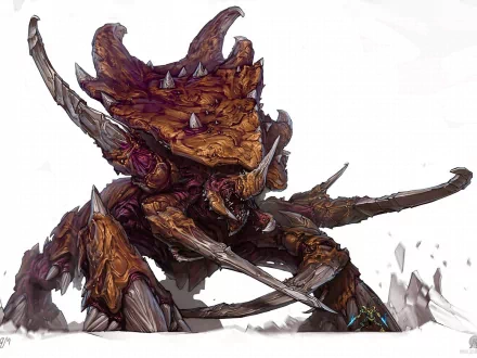 HD desktop wallpaper of a menacing alien creature from the video game Starcraft, detailed with sharp claws and armor, set against a white background.