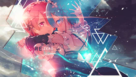 HD desktop wallpaper featuring an anime-style embrace between Ram and Rem from Re:Zero - Starting Life in Another World. Both characters have short hair, with Ram having pink hair and Rem having blue hair and blue eyes.