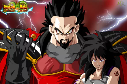 HD Anime Dragon Ball Z desktop wallpaper featuring two fierce characters with intense expressions against a stormy red sky with lightning effects.