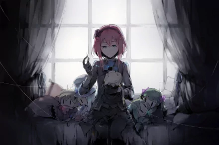 A gothic dark anime scene featuring a Vocaloid character with pink hair sitting in front of a large window, framed by tattered curtains in an HD desktop wallpaper style.