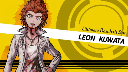 HD PC desktop wallpaper of Leon Kuwata (Danganronpa, anime): spiky red-haired character in a stained shirt against a bold yellow circular background with his name displayed.