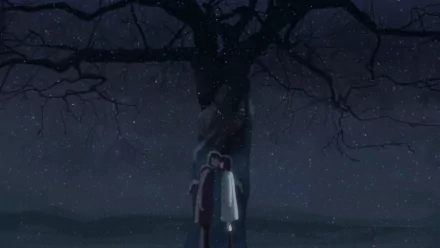A serene scene from the anime 5 Centimeters per Second, featuring Takaki Touno and Akari Shinohara sharing a kiss beneath a bare tree, set against a backdrop of falling snow.
