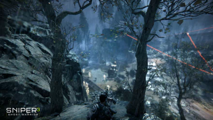 HD PC desktop wallpaper from the video game Sniper: Ghost Warrior 3, depicting a sniper overlooking a forested battlefield with red laser sights in a dark, misty environment.