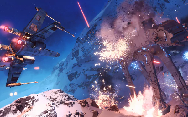 A 4K Ultra HD PC wallpaper depicting an intense battle between an X-Wing and an AT-AT Walker in the Star Wars Battlefront (2015) video game, set on a snowy mountain.
