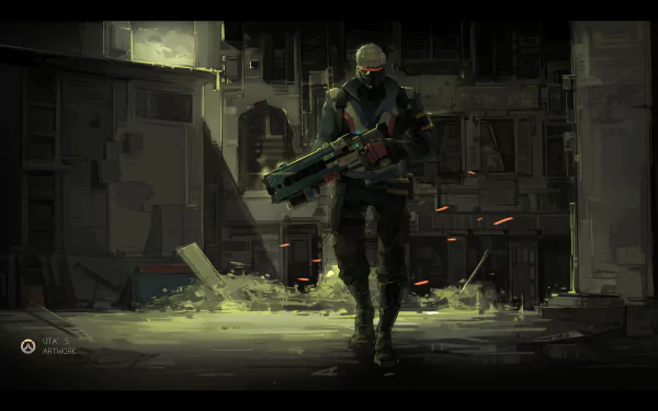 A dynamic HD wallpaper featuring Soldier: 76 from Overwatch, set in a gritty environment, capturing the essence of the video game with intense colors and action.