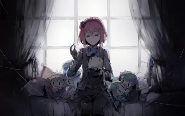 A gothic dark anime scene featuring a Vocaloid character with pink hair sitting in front of a large window, framed by tattered curtains in an HD desktop wallpaper style.