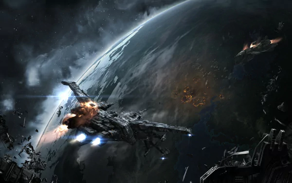 HD desktop wallpaper from EVE Online featuring a detailed spaceship soaring through deep space near a glowing planet.
