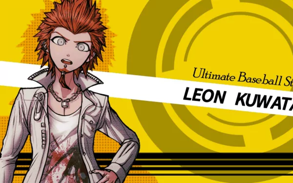 HD PC desktop wallpaper of Leon Kuwata (Danganronpa, anime): spiky red-haired character in a stained shirt against a bold yellow circular background with his name displayed.