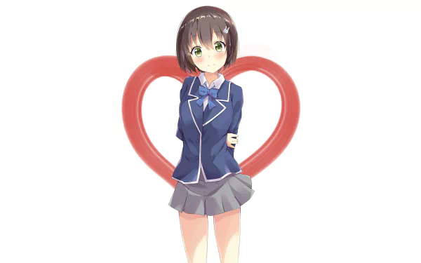 Mizuki Usami from Kono Bijutsubu ni wa Mondai ga Aru! stands playfully in front of a heart background, capturing the charm of this anime in a vibrant HD wallpaper.