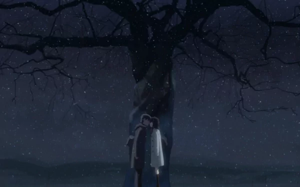 A serene scene from the anime 5 Centimeters per Second, featuring Takaki Touno and Akari Shinohara sharing a kiss beneath a bare tree, set against a backdrop of falling snow.