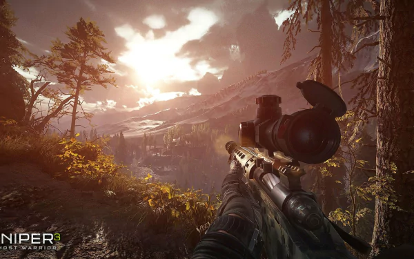 A captivating HD wallpaper from Sniper: Ghost Warrior 3, featuring a sniper rifle pointed at a stunning landscape with mountains and sunlight breaking through the clouds.