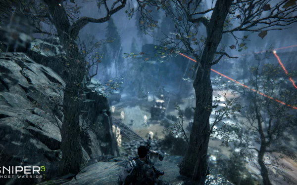 HD PC desktop wallpaper from the video game Sniper: Ghost Warrior 3, depicting a sniper overlooking a forested battlefield with red laser sights in a dark, misty environment.
