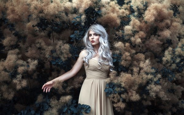 Women Model White Hair Plant Dress HD Wallpaper | Background Image