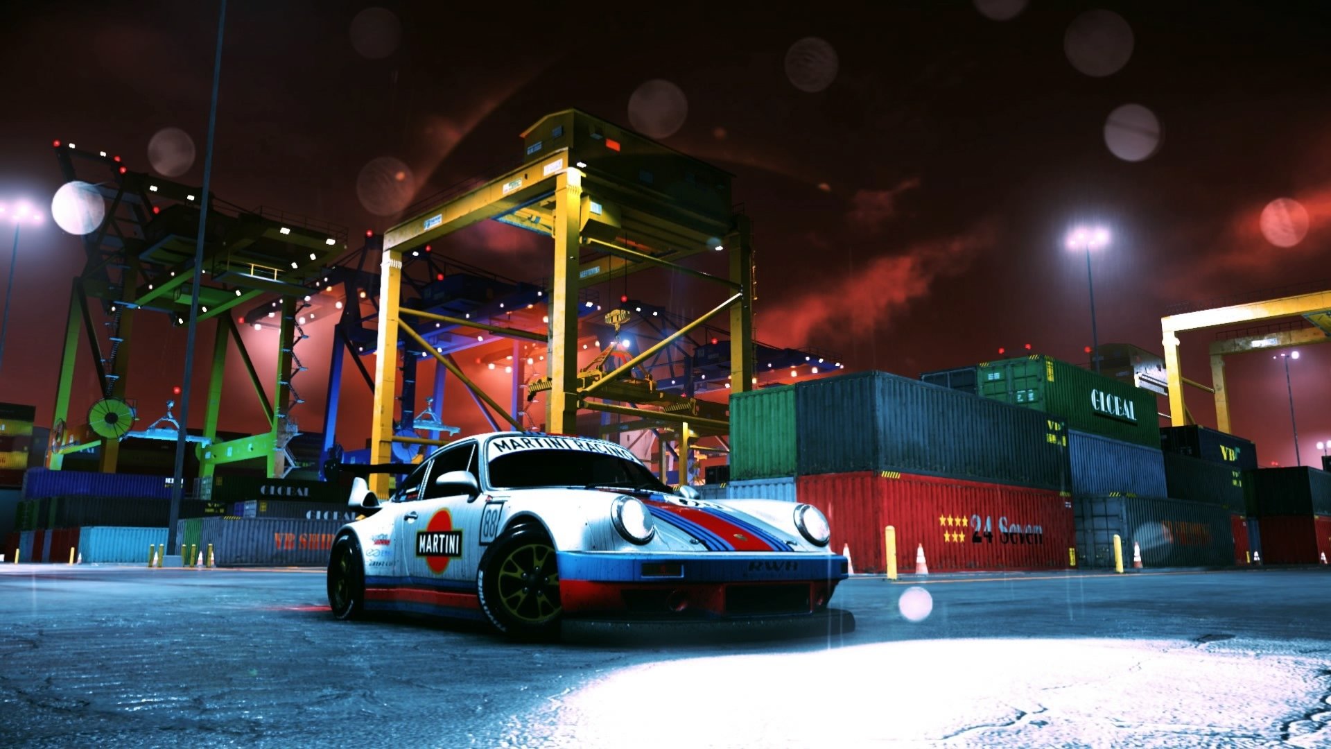 HD PC desktop wallpaper: Porsche 911 RSR in Need for Speed (2015) — racing livery parked in a neon-lit container port at night, video game scene.