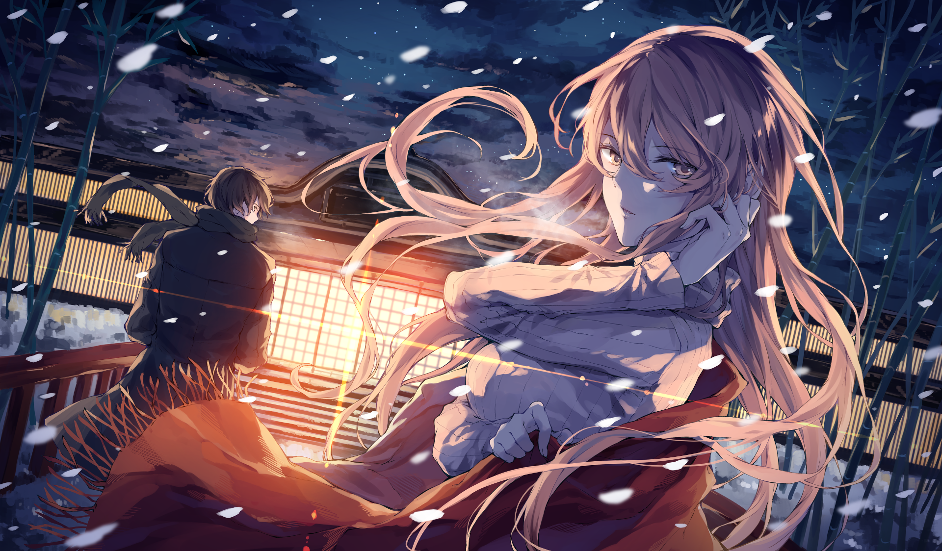 An enchanting HD anime wallpaper featuring a dynamic scene with a striking character in the foreground and a distant figure, surrounded by swirling petals against a nighttime backdrop.