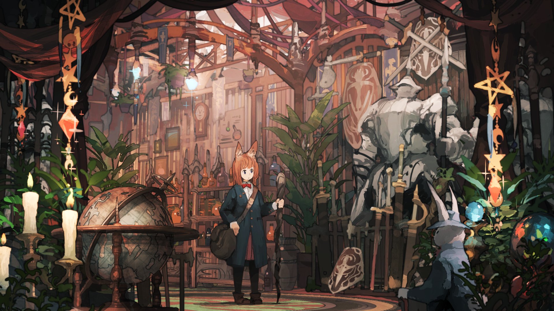 A whimsical anime scene featuring a character in a richly decorated indoor space filled with artifacts, plants, and mystical elements, designed as an HD desktop wallpaper.