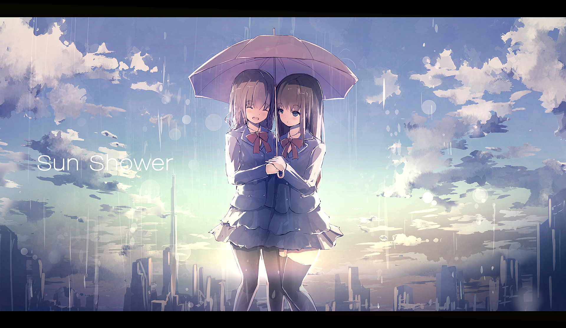 Anime-inspired HD wallpaper featuring two girls under an umbrella, surrounded by a vibrant cityscape in the rain, titled Sun Shower.