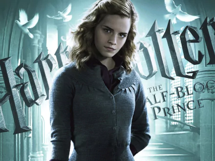 HD PC desktop wallpaper featuring Hermione Granger from the movie Harry Potter and the Half-Blood Prince with the film's title in the background.