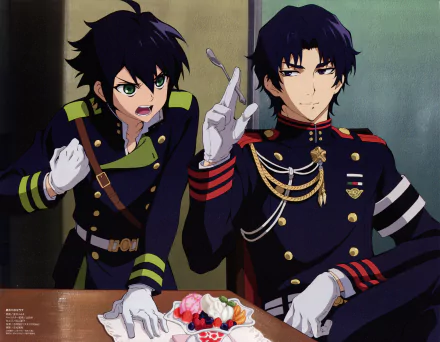 Anime characters Yūichirō Hyakuya and Guren Ichinose, featuring black hair and striking green and purple eyes, are depicted in military uniforms, sharing a moment over dessert.