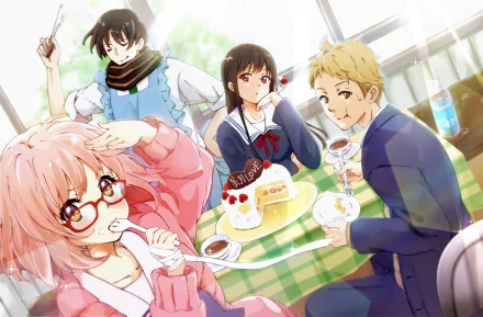 A vibrant HD wallpaper featuring characters Hiroomi Nase, Mitsuki Nase, Akihito Kanbara, and Mirai Kuriyama from the anime Beyond the Boundary, enjoying a cheerful gathering with food.